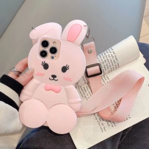Creative Silicone Case Samsung A15 A16 A17 A02S A02 A11 A10S A20S A21S A20 A30 A40 A12 A13 A14 A32 A52 A53 A72 A22 A50 A51 A30S A50S Cute and Funny 3D Cartoon Cute Pink Rabbit Design Long Strap Soft Shockproof Cover