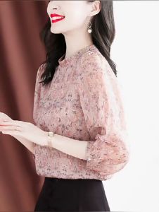 LUXURY Queen Heavyweight Silk Womens Blouse 2023 New Summer Floral Age Reducing Design Feeling Small and Unique Bubble Sleeve Top