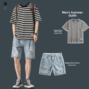 Mens Stripe T-Shirt Short Sleeve Jeans Shorts Set Summer New Hole Fashionable Casual Sportswear Cotton Lycra Teenager