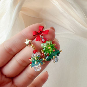 Christmas tree earrings with red bow and star green and red beads gold accents festive design