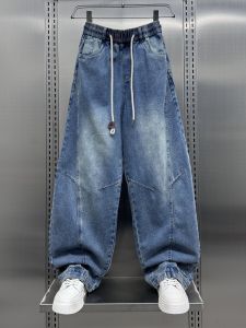 Spring 2025 Trendy Splicing Jeans Mens American Style Casual Handsome Loose Wide Leg Casual Knife Pants Youth Wear