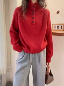 French Button Design High Collar Soft Bear Fur Knitted Sweater Womens Autumn Winter New Style Versatile Base Layer Shirt