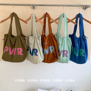 Large Capacity Drawstring Letter Print Single Shoulder Tote Bag Korean Style Casual Lazy Handheld Shopping Bag Versatile
