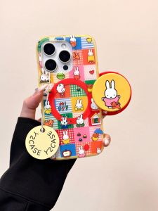 Korean Japanese Style Miffy Rabbit Magnetic Phone Stand Cover for 16promax 15promax 14 13 Anti-fall Protection Case Womens 15 Two-in-One
