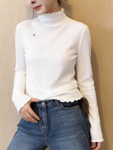 QINGNAER | French Style White Lace Ruffled Stand-collar Long Sleeve Blouse Plus-size