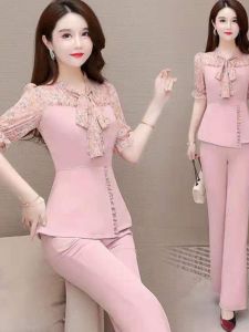 Spring Summer Short Sleeve Wide Leg Pants Set Women Loose Slimming Korean Style Fashionable Two Piece Suit Casual Workwear