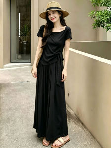 Waist-defining Tied Short Sleeve Tee Wide Leg Pants Suit
