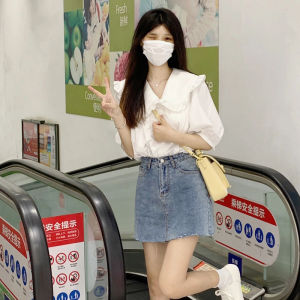 Summer New Style French Retro Peter Pan Design Doll Collar Large Lace Short Sleeve Loose White Shirt Small Top Womens Fashion