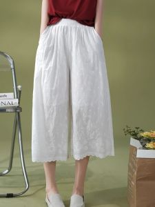 กางเกงขายาวผ้าลินินปักลายดอกไม้เอวสูงทรงหลวมสำหรับผู้หญิงในช่วงฤดูร้อน กางเกงขายาวทรงหลวมสบาย ๆ ทรงหลวม ทรงหลวม ทรงหลวม