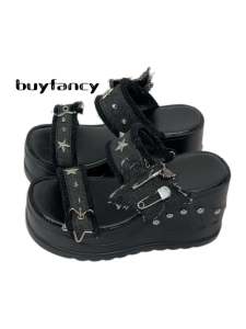 Punk Gothic Y2K Cultural Thick-Bottom Sandals with Round Head and Super High Heel for Women Summer Slip-On Flats