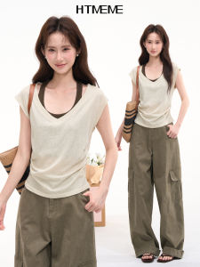 HTMEME | Linen Colorblock V-neck Short Sleeve T-shirt