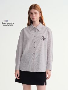 DUSHU | Artistic Grid Embroidered Stripes Slimming Long Sleeve Shirt