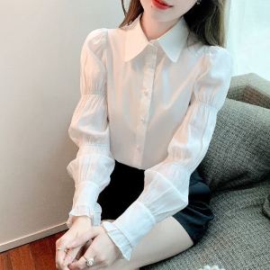 Design Sensation Pleated White Shirt Womens Long Sleeve Commute Sweet French Bubble Sleeve Top Korean Style Straight Cut