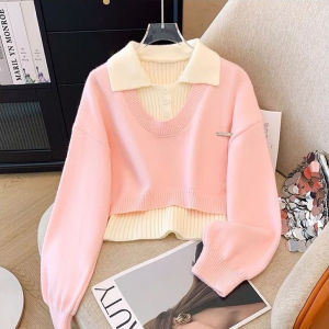 Bộ Đồ Hai Mảnh Cổ Polo Phong Cách Hàn Quốc Mùa Thu 2025 Áo Len Dệt Kim Rộng Rãi Thường Ngày Áo Len Cổ Polo Màu Khối