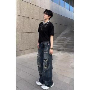 Washed Tie Dye Hole Jeans Men Summer Thin American Retro Wide Leg Pants Wasteland Style Dirty Poor Boys Pants Casual Wear