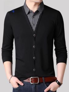 ROMON | Lomond Mens Long Sleeve T-Shirt Mid-aged Dad Fashion Inner Knitted Sweater Spring Autumn New Style Business Casual Shirt Neck