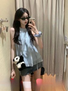 French Style Sweet High-End Shoulder Bared Neckline Shirt Women Summer Age-Defying Personality Bow-Tied Chiffon Doll Top Thin