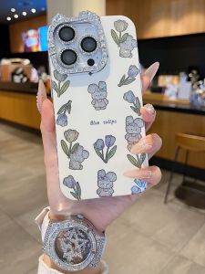 Cute Floral Rabbit Cat Ear Design Diamond Frame Lens Protection Phone Case Full Edge for Apple Series iPhone 16 pro Max 15 pro
