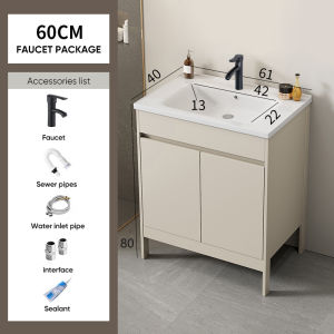 60 80CM Cream Aluminium Bathroom floor-standing washbasin cabinet Set Storage Mirror box with Ceramic toilet wash basin