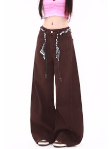 Retro American Coffee Color Knife Edge Wide Leg Jeans Womens Loose Drape Straight Cut Denim Pants High Waist Casual Wear