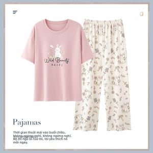 MiiOW | Áo ngủ cotton nguyên chất mùa hè cho nữ Áo chui đầu cổ tròn in họa tiết hoạt hình Quần dài rộng rãi thoải mái thoáng khí