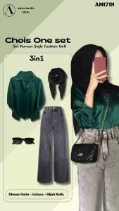 Oneset Wanita Setelan (Blouse Satin + Celana jeans Hightwaist + Hijab Bella Square Kacamata) AM171N