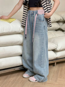 Washed Denim Wide Leg Straight Pants Spring Summer Kids Clothing for Girls Ages 3-12 Casual Style Long Cotton Polyester Blend