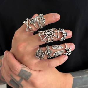 IngeSight.Z 10Pcs/Set Goth Creative Skull Spider Rings Men Vintage Punk Silver Color Hollowout Trend Ring Festival Party Jewelry