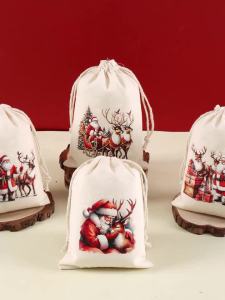 6 Chiếc Giáng Sinh Vui Vẻ Vải Lanh Tặng Túi Dễ Thương Ông Già Noel Người Tuyết Thiết Kế Hỗn Hợp Dây Rút Xmas Dự Tiệc Cung Cấp Đóng Gói Quà Tặng