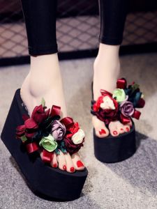 Summer Beach Foam Thick Bottom Anti-Slip High Heel Sandals Womens Holiday Vacation Flora Patterned Sweet Style Slip-On Shoes