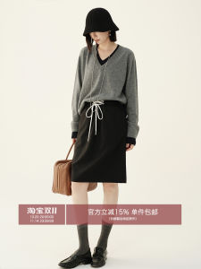 Amyy Studios Fashionable Intellectual Style Semi-skirt with Drawstring Shoelaces Versatile M1U Wool Blend Polyester Skirt