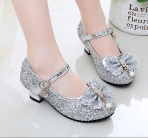 New Children Bowknot Shoes Girls High Heel Princess Dance Sandals for Girls Glitter Soft Leather Fashion Party Dress Wedding Sho