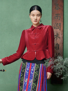 Velvet New Chinese Style Mandarin Collar Cinched Waist Blouse