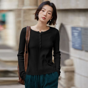 Slim Fit Womens Base Shirt Inner Wear Long Sleeve Half Open Collar Knitted Top Fashionable Korean Style Commute Wind Thin Model