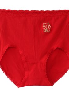 Red Embroidered High Waist Pure Cotton Underwear for Women Comfortable Breathable Triangle Panties for New Year Celebration