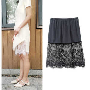 New Chinese Style Cheongsam Inner Skirt Ice Silk Base Skirt Anti-Light Safety Skirt Lace Trim under Skirt Floral Pattern mid Waist