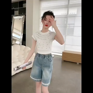 Celana Pendek Jeans Ponggol Selutut Anak Remaja Perempuan Impor Ballerina Renda