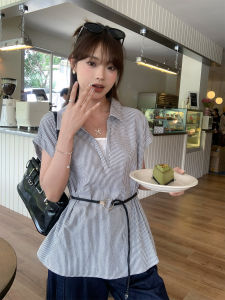 WANGGONGZHU | Womens Summer Stripe Short Sleeve Shirt Waist Design Sensation Midi Fashion T-Shirt Commute Style Standard Edition Daily Wear