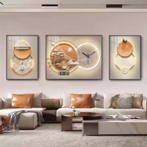 Modern minimalist sofa background wall art symbolizes light luxury three-piece high-end living room decoration with clock and perpetual calendar