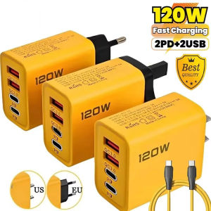120W Fast Charging 4-Port Mobile Phone Charger USB Type C Charger Dual PD QC3.0 Wall Adapter EU/US/UK Plug for iPhone15 Samsung