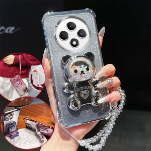 4 Corner Shockproof Phone Case with Cute 3D Bear Stand Crystal Chain Lanyard Glitter For Oppo Reno12 F Reno 12FS F27 Back Cover