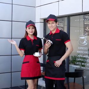 Restaurant Uniform Waiter Uniform Pure Cotton Breathable Short-Sleeved Uniform Staff Uniform Work Uniform Hotel Restaurant Hotel Coffee Shop Catering M-2XL
