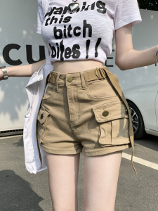 American Style Spicy Girl Workwear Denim Shorts Womens High Waist Slim Adjustable Belt A-Line Wide Leg Hot Pants