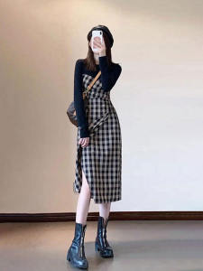 Váy Liền Xẻ Tà Ca Rô Phối Phong Cách Hepburn Ôm Dáng Chít Eo Khí Chất Dáng Gầy Cảm Giác Thiết Kế Thiểu Số Đầu Mùa Thu Nữ