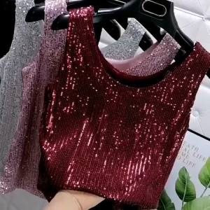 Sparkling Sequins Round Neck Vest Womens Outer Wear 2022 Summer New Bright Silk Fashion Glitter Bottoming Shirt Suspender Top