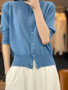 Pure Cotton Knitted Short Sleeve Open Cardigan Womens Short Outerwear Half Sleeve Base T-Shirt High Waist Short Top Spring Summer