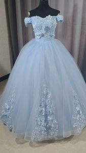 GAUN WEDDING / DRESS SABRINA BUNGA BIRU / DRESS PERNIKAHAN BUNGA IMITASI 3D / DRESS PERNIKAHAN BRUKAT ELEGANT APLIKASI