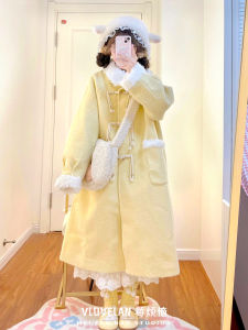 Sweet Chinese Style Woolen Coat Womens New Style College Wind Velvet Splicing Medium Length Woolen Coat Women Autumn