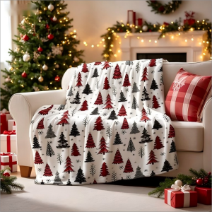 Sanrio | Christmas Tree Print Flannel Throw Blanket Red Black Plaid Xmas Tree Snowflake Pattern Soft Warm Bed BlanketHoliday Decorative