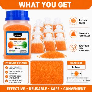SIKEZHAN 18oz Orange Indicating Silica Gel Beads with 10 Drawstring Bags Reusable Moisture Absorber for Closets & Shoe Storage